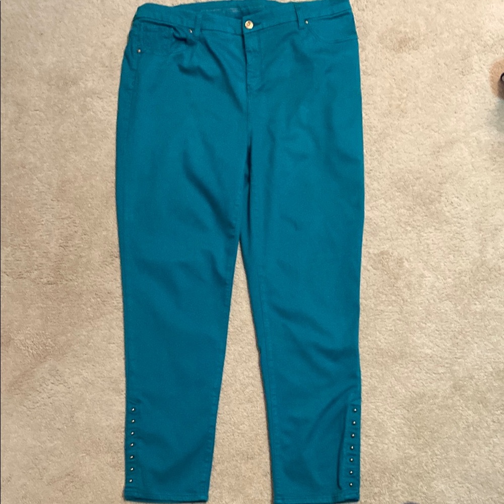 Chicoβs Girlfriend Slim Leg Teal Pants with Button Accents